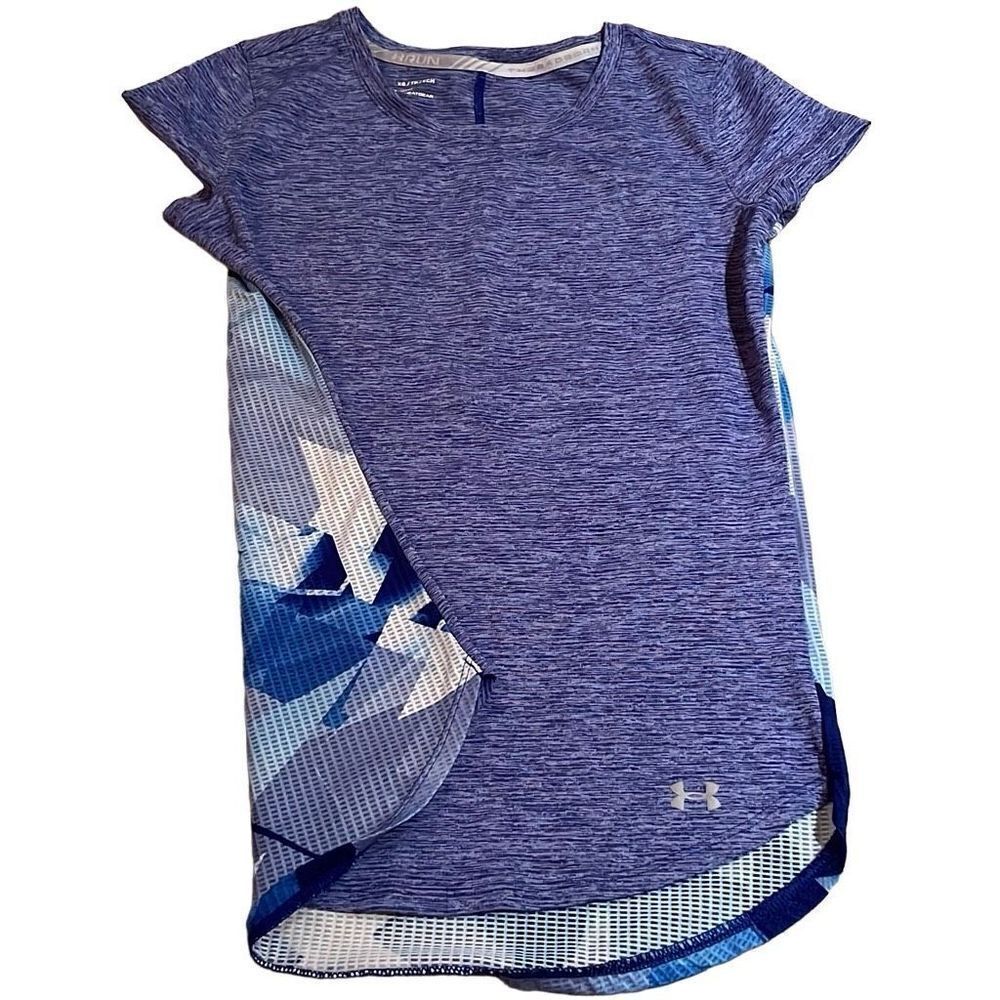 EUC! Under Armour Women’s Purple Heather Front Blue White Print Mesh Back Short